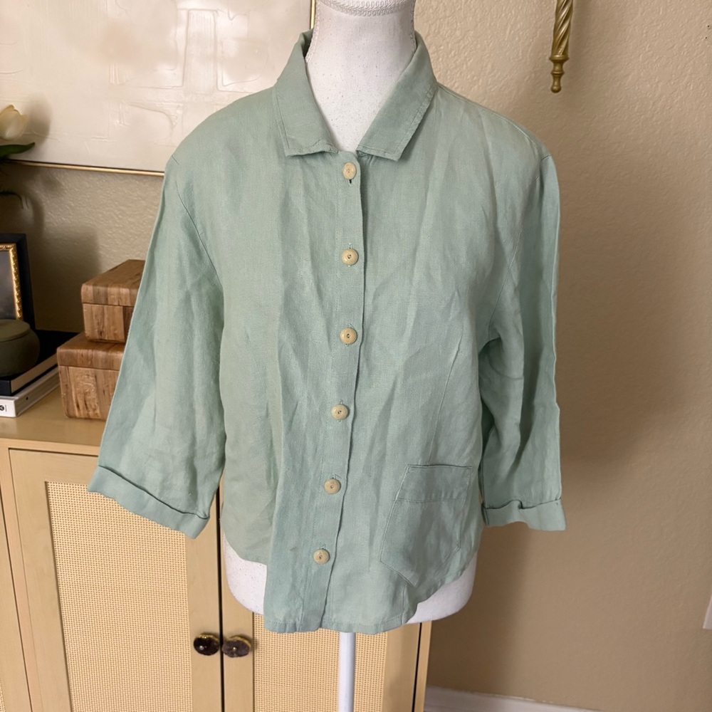 FLAX 100% Linen Mint Green Button Up Women's Top Size Small